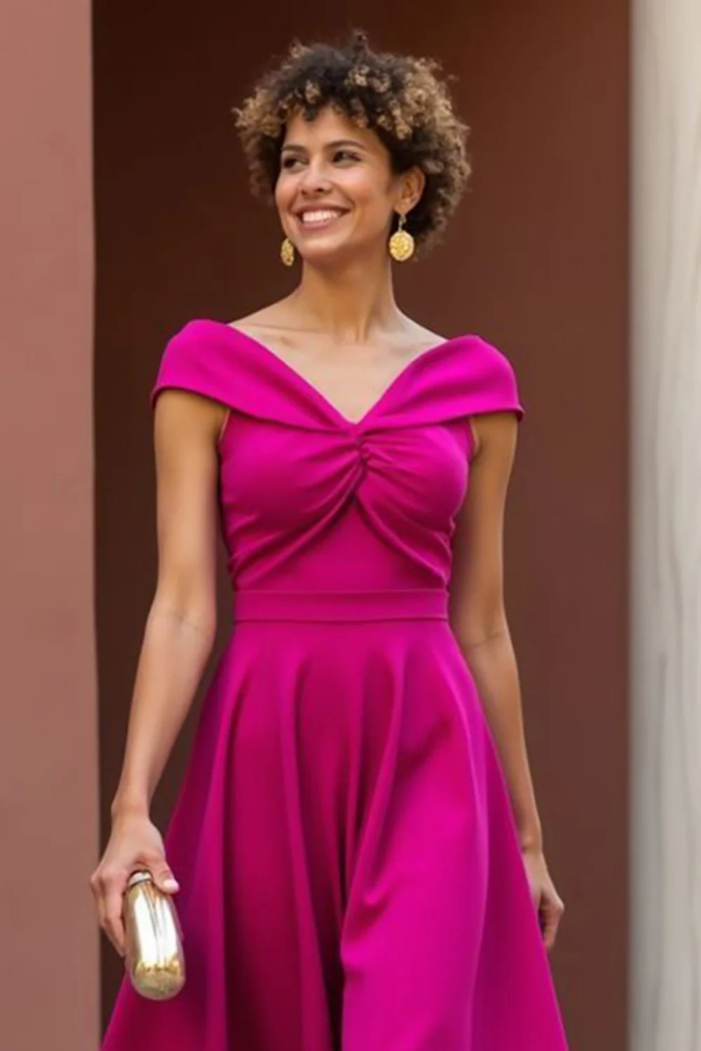 Fuchsia A Line Satin V-Neck Midi Full Of Charm Mother of Bride Dress